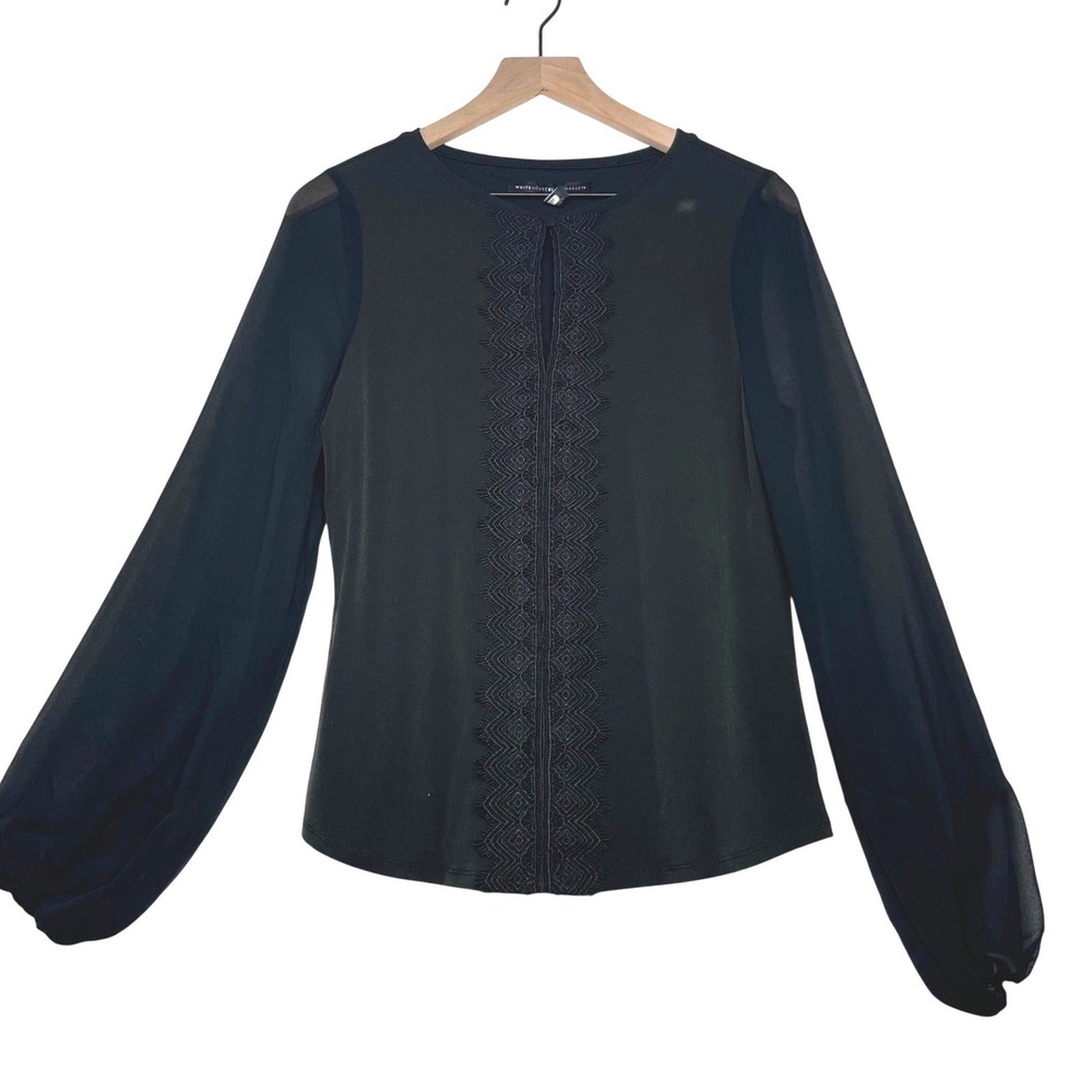 White House Black Market‎ Black Whimsigoth Sheer Sleeve Lace Trim Blouse Shirt S